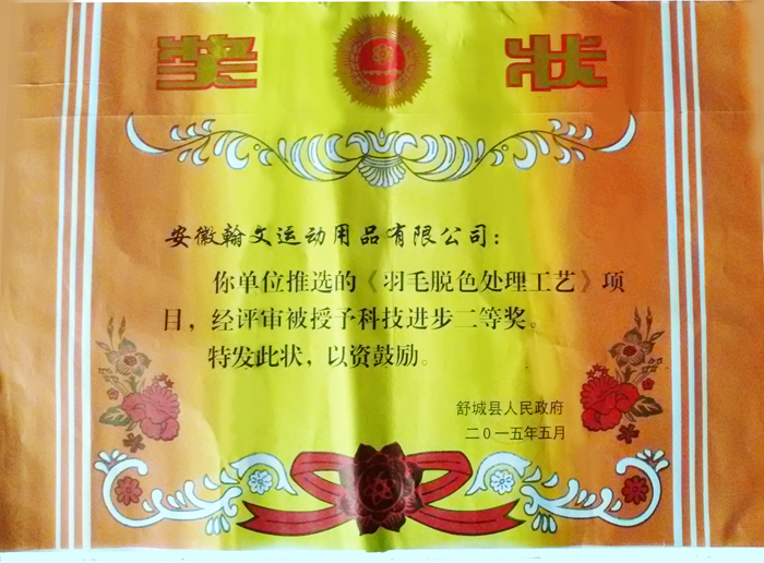 我司“羽毛脱色处理工艺”荣获舒城县人民政府科技进步二等奖